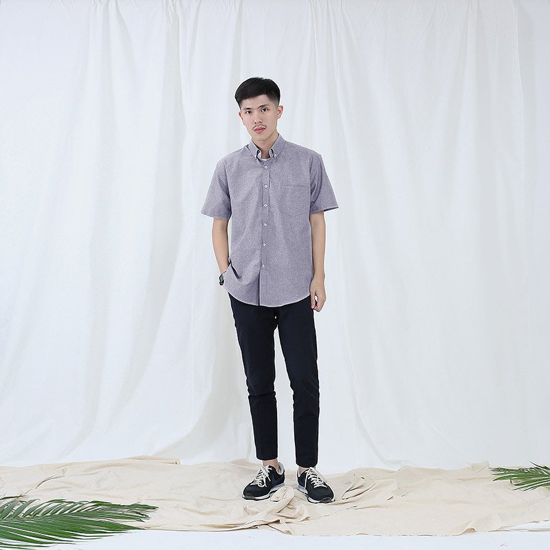 Mr.722 เสื้อเชิ้ตผู้ชายแขนสั้น ผ้า Chambray สียีนส์เทาอ่อน - Image 4