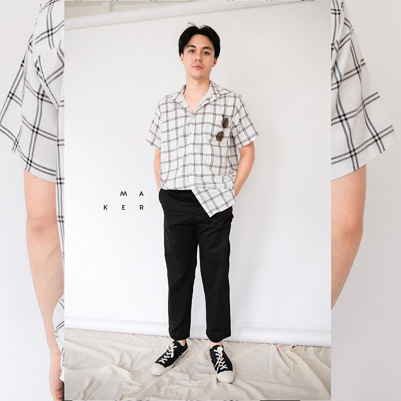 Mr.725 เสื้อเชิ้ตผู้ชายแขนสั้น ลายตาราง Plaid Off White สีขาว - Image 2