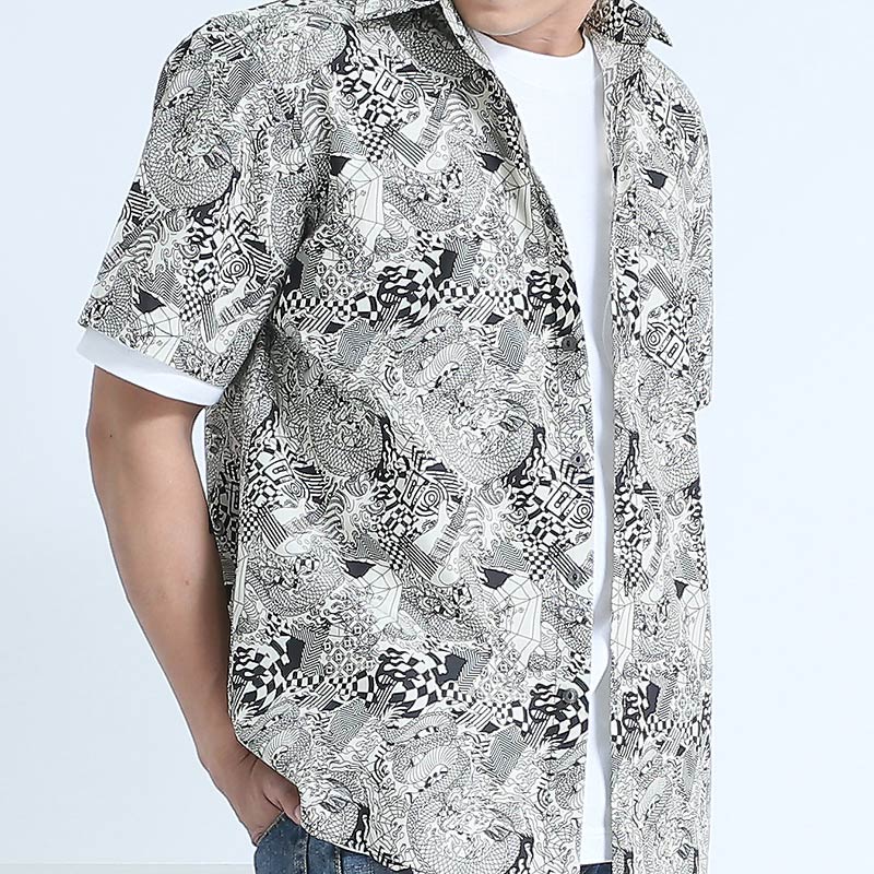 Mr.524 เสื้อเชิ้ตผู้ชายแขนสั้น ลาย Dragon Maze สีครีม - Image 2
