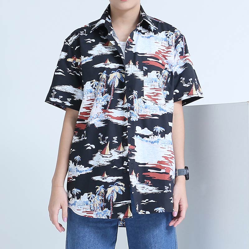 Mr.541 เสื้อเชิ้ตผู้หญิงแขนสั้น ลายฮาวาย Aloha Sunset สีดำ - Image 3
