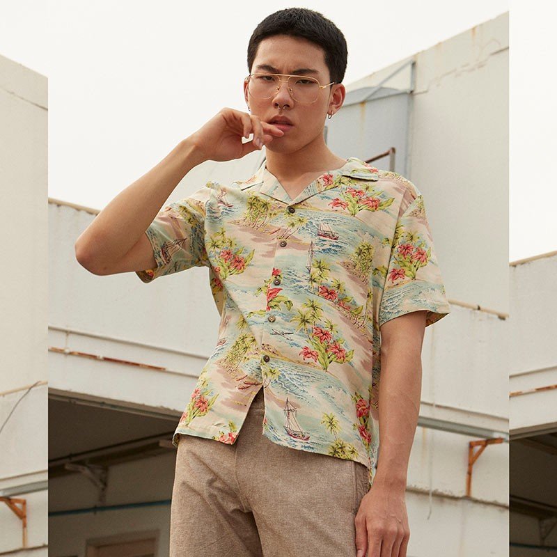 Mr.775 เสื้อเชิ้ตทรงฮาวายผู้ชาย Hawaii Island สีน้ำตาล