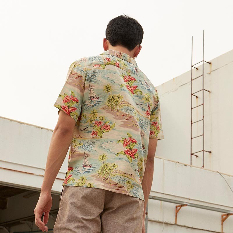 Mr.775 เสื้อเชิ้ตทรงฮาวายผู้ชาย Hawaii Island สีน้ำตาล - Image 8