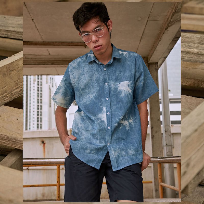 Mr.513 เสื้อเชิ้ตผู้ชายแขนสั้น ผ้ามัดย้อมสีฟ้า - Image 2