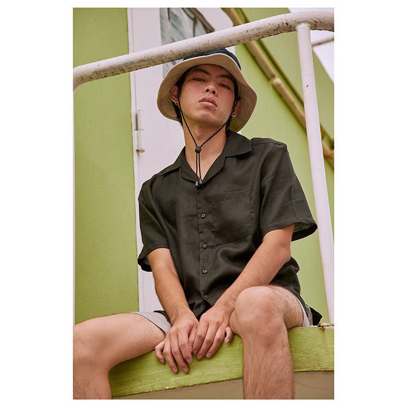 Mr.779 เสื้อเชิ้ตทรงฮาวายผู้ชาย Linen Hawaii Shirt สีดำ - Image 5