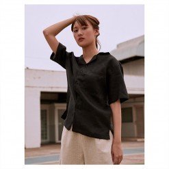 Alternative view of Mr.779 เสื้อเชิ้ตทรงฮาวายผู้หญิง Linen Hawaii Shirt สีดำ