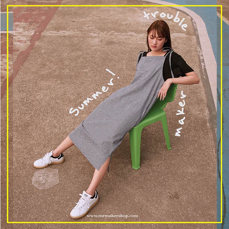 YDR-001 ชุดเดรสผูกไหล่ ลายตาราง Overall Dress สีขาวดำ - Image 2