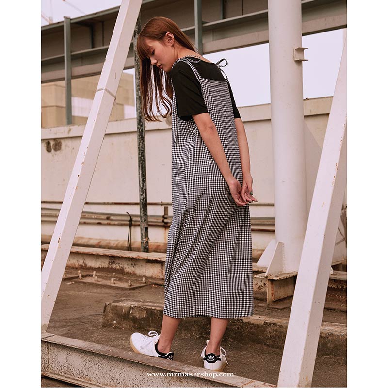 YDR-001 ชุดเดรสผูกไหล่ ลายตาราง Overall Dress สีขาวดำ - Image 4