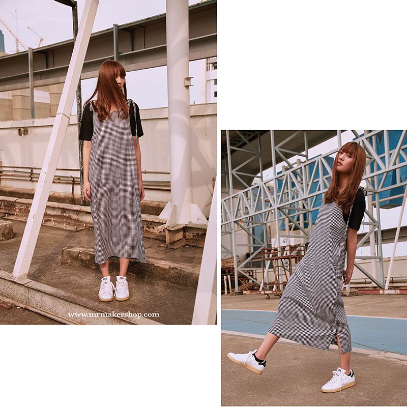 YDR-001 ชุดเดรสผูกไหล่ ลายตาราง Overall Dress สีขาวดำ - Image 7
