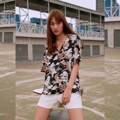 YMS-006 เสื้อเชิ้ตทรงฮาวายผู้หญิง Chinoiserie Tiger สีดำ