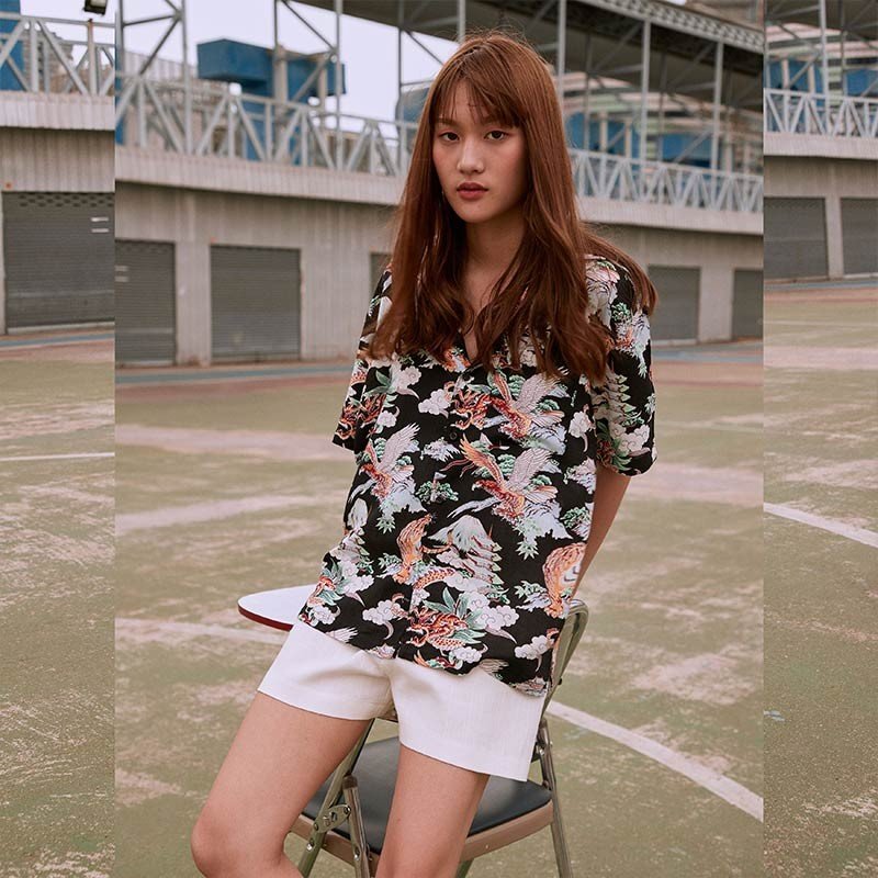 YMS-006 เสื้อเชิ้ตทรงฮาวายผู้หญิง Chinoiserie Tiger สีดำ - Image 5