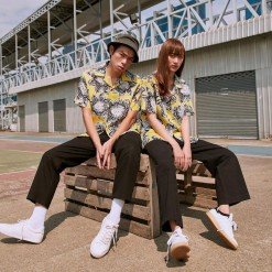 YMS-008 เสื้อเชิ้ตทรงฮาวายผู้หญิง ลายดอก Hawaii Sunflower สีเหลือง