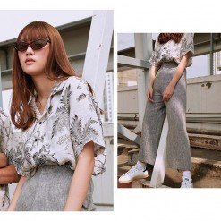 Alternative view of YMS-009 เสื้อเชิ้ตทรงฮาวายผู้หญิง ลายดอก Darjeeling Linen Floral สีเทาอ่อน