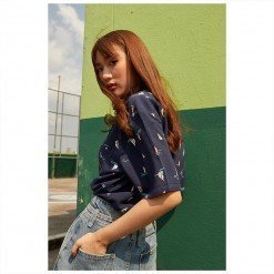 Alternative view of YMS-001 เสื้อเชิ้ตทรงฮาวายผู้หญิง Tiny Ship Shirt สีน้ำเงินเข้ม
