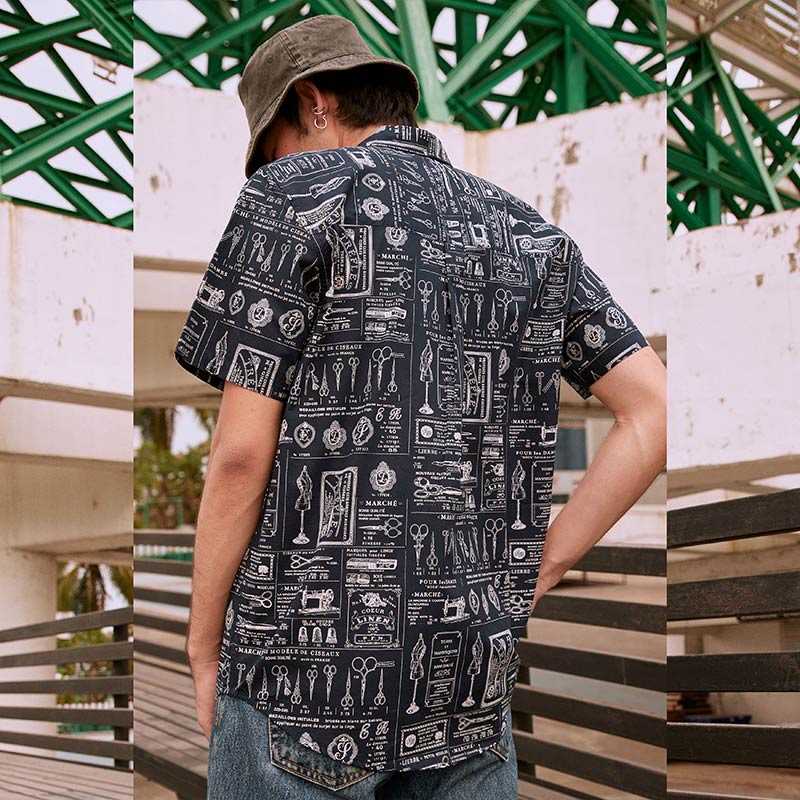 Mr.756 เสื้อเชิ้ตผู้ชายแขนสั้น ลาย VINTAGE TAILOR สีน้ำเงินเข้ม - Image 3