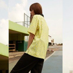 Mr.783 เสื้อเชิ้ตทรงฮาวายผู้หญิง ลายจุด Popcorn Black Collar สีเหลือง